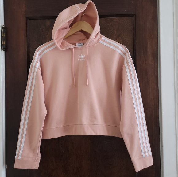 SOLD Adidas Originals Boxy Crop Hoodie Sweatshirt 3 Stripe Ash Pink Small - Picture 5 of 6